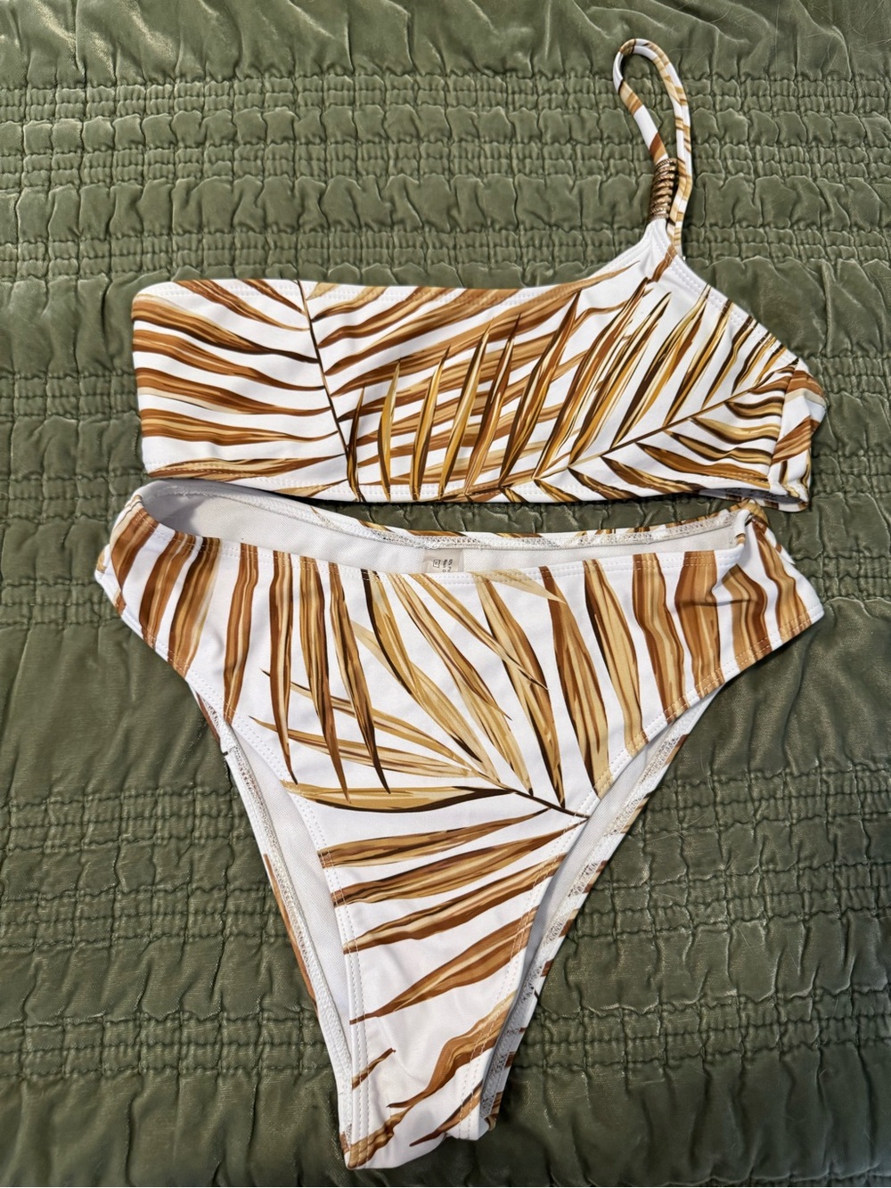 SHEIN White Bikini Set with Brown Palm Leaf Print